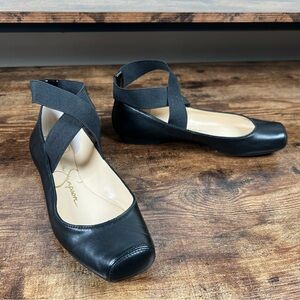 Jessica Simpson Ballet Flat Leather Shoes Stretch Ankle Strap Mandalaye Womens 7